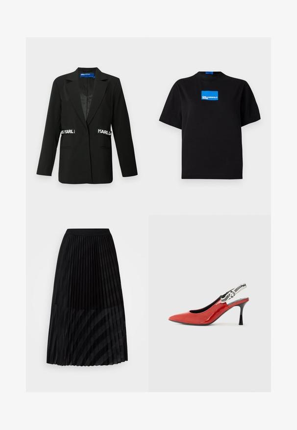 Black blazer with a tailored fit, single-button closure, two front pockets, and "Karl" logo accents on the sides. Smooth fabric texture.; Black cotton t-shirt with a crew neck, featuring a blue rectangular graphic logo labeled "KARL LAGERFELD JEANS" on the front.; Black pleated skirt made of lightweight fabric, features an elastic waistband, with vertical stripes created by alternating textures.; Red patent leather slingback shoe with pointed toe, black heel, and a decorative fabric strap featuring a repeating logo pattern.