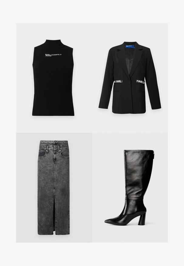 Must mustris, mille reguleeritud lõikega, üheribaline kinnitamine, kaks esikappi ja "Karl" logo aktsendid külgedel. Sile kangastekstuuri.; Must mustriga soonikanga topp kõrge kaelusega ja valge "Karl Lagerfeld Jeans" logoga rinnal.; Mustmust sinine maxi seelik, millel on ees lõhik, vöökoht, vöökohad ja kaks taskut. Kergelt tekstureeritud pind, millel on pleekinud alad.; Knee-high musta nahksaabas terava nina, siledat pinnad ja paks konts. Tagaküljel on tõmblukk.