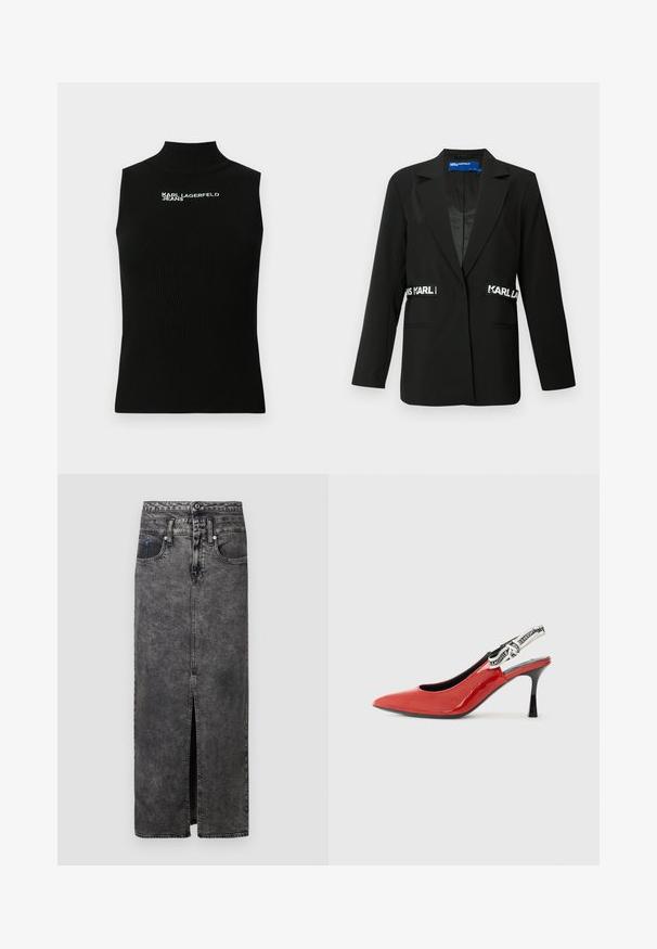 Fekete zakó testhez szabott fazonnal, egysoros gombos záródással, két elülső zsebbel és "Karl" logós díszítésekkel az oldalán. Simaságot sugalló anyagtextúra.; Fekete, ujjatlan, bordázott kötött felső magas nyakkal, fehér "Karl Lagerfeld Jeans" logóval az alsó mellrészen nyomtatva.; Fekete farmer maxiszoknya elülső hasítékkal, derékrésszel, övhurkokkal és két zsebbel. Enyhén texturált felület, amelyen kopott részek találhatók.; Piros lakkbőr slingback cipő hegyes orral, fekete sarokkal és díszes szövetpánttal, amely ismétlődő logó mintázattal díszített.