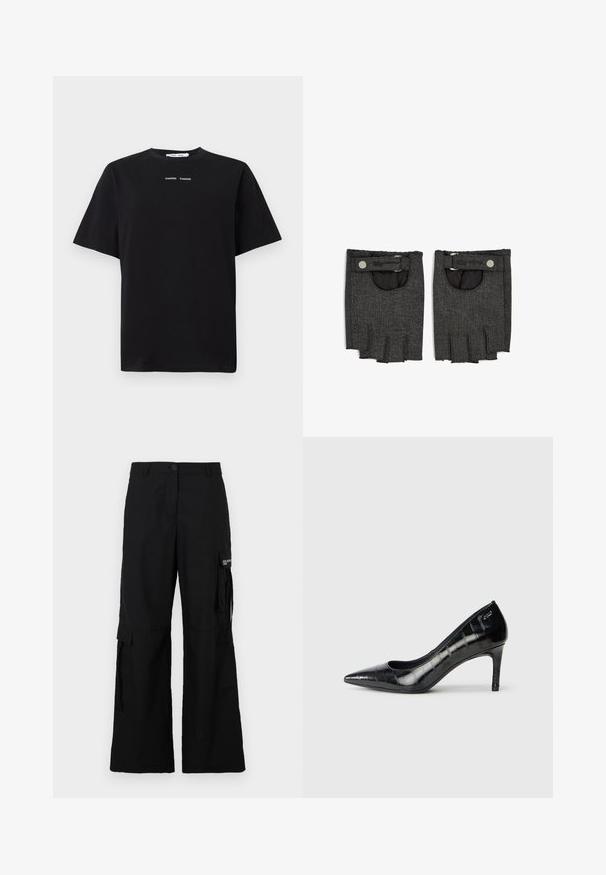 Fekete zakó testhez szabott fazonnal, egysoros gombos záródással, két elülső zsebbel és "Karl" logós díszítésekkel az oldalán. Simaságot sugalló anyagtextúra.; Fekete, rövid ujjú pamut póló, kerek nyakkal, elöl középen két kis fehér logóval. Sima textúra.; Fekete cargo nadrág széles lábformával, oldalsó zsebekkel, gombos záródással, könnyű anyagból készült.; Fekete, hegyes orrú, magas sarkú cipők fényes felülettel és visszafogott mintázattal. Mérsékelt sarokkal és nyitott vápa dizájnnal rendelkeznek.; Fekete farmer ujjatlan kesztyűk textúrás felülettel, nyomógombos záródással és nyitott zsebbel a csukló területén.