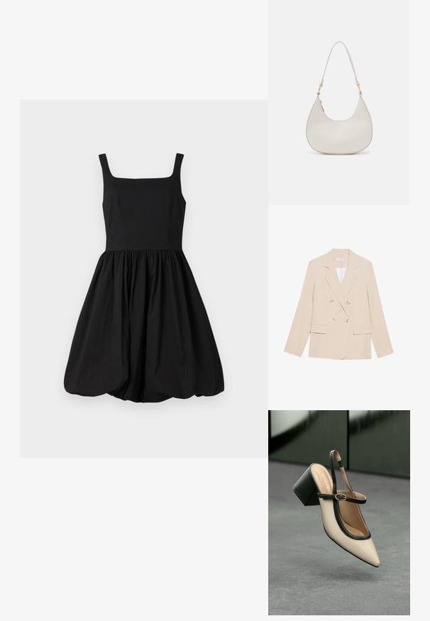 Μπεζ διπλής όψης σακάκι φτιαγμένο από απαλό ύφασμα, διαθέτοντας δύο μπροστινές τσέπες, μεγάλες χρυσές κουμπί και κλασικό σχέδιο για τα πτερύγια.; Μαύρο αμάνικο φόρεμα με τετράγωνη λαιμόκοψη, εφαρμοστό κορσάζ και συλλεγμένη, φαρδιά φούστα που καταλήγει σε στρογγυλή άκρη. Λείος ύφασμα.; Μπέζ παπούτσι slingback με尖 ρεύμα και μαύρη διακοσμητική λεπτομέρεια, χρυσό κούμπωμα και χοντρό τακούνι σε γκρι δάπεδο με σκούρο πράσινο φόντο.; Κρέμα δερμάτινη τσάντα ώμου σε σχήμα ημισελήνου, με λεπτό λουράκι και διακριτικές ραφές. Μινιμαλιστικός σχεδιασμός με χρυσές λεπτομέρειες.
