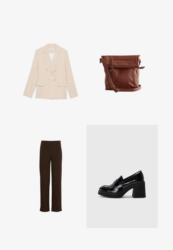 Krémový dvouřadý blejzr vyrobený z hladké tkaniny, s dvěma předními kapsami, velkými zlatými knoflíky a klasickým límcem.; Hnědý rolák vyrobený z měkkého materiálu, s přiléhavým střihem, žebrovaným límcem a manžetami, a mírně zkráceným lemem.; Hnědé kalhoty s širokým střihem vyrobené z měkkého, elastického materiálu. Mají vertikální švy a čistý pas pro upravený vzhled.; Černé lakované kožené mokasíny s robustním blokovým podpatkem, vybavené zvýšeným švem a mašlí vpředu pro přidaný detail.; Hnědá kožená křížová taška s zipovým uzávěrem, přední kapsou, zlatými detaily a nastavitelným popruhem; obsahuje šité akcenty a nýty.