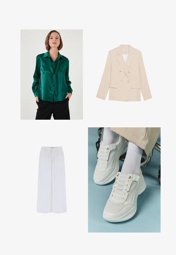 Beidzamais divrindas žakete, izgatavota no gludas auduma, ar divām priekšējām kabatām, lieliem zelta pogām un klasisku atloku dizainu.; Emerald zaļš satīna blūze ar plakanu apkakli, garām piedurknēm un siksniņu detaļu priekšā. Gluda tekstūra un brīvs piegriezums.; Baltas platas bikses ar gludu tekstūru, ar divām priekšējām kabatām un pogu aizdari, paredzētas brīvai piegulšanai.; Baltie sporta apavi ar sietu materiālu, gumijas zoli, bez šņoru dizainu ar elastīgām beigām un zeltainiem akcentiem.