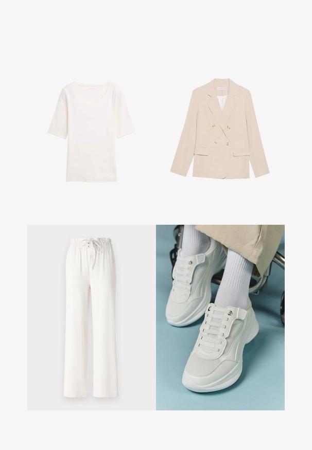 Bež sako s dvostrukim kopčanjem izrađeno od glatkog materijala, s dva prednja džepa, velikim zlatnim gumbima i klasičnim reverom.; Bijela majica kratkih rukava s okruglim izrezom, izrađena od mekanog materijala. Glatka tekstura, jednostavan dizajn i bez vidljivih uzoraka ili naglaska.; Bijele hlače širokih nogavica napravljene od mekog materijala, s elastičnim pojasom i glatkom teksturom. Nema vidljivih uzoraka ili ukrasa.; Bijele tenisice s mrežastim materijalom, gumeni potplat, dizajn bez vezica s elastičnim trakama i zlatnim detaljima.