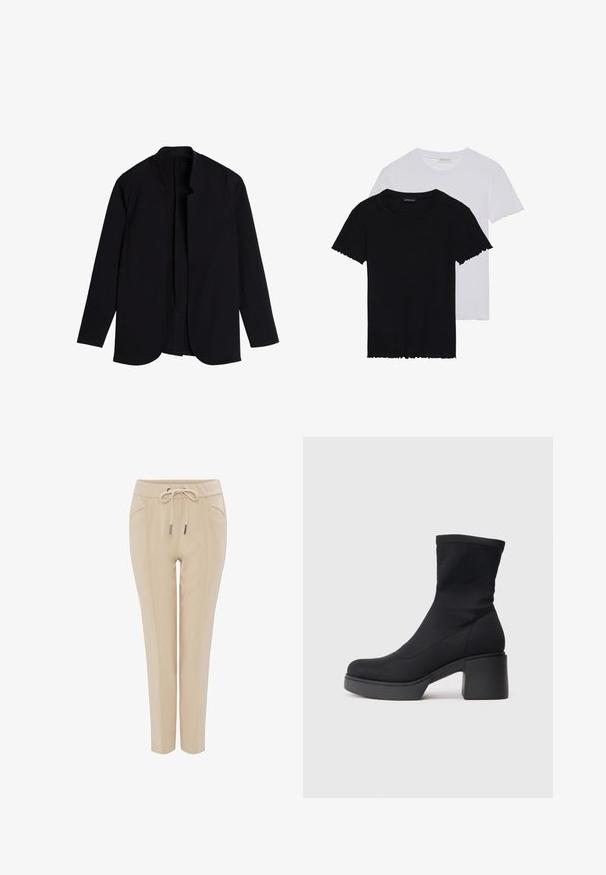 Schwarze Jacke mit langen Ärmeln und glatter Textur sowie offenem Frontbereich. Verfügt über abgerundete Kanten und ein minimalistisches Design, gefertigt aus einem weichen, dehnbaren Stoff.; Even&Odd 2 PACK - T-Shirt basic - black/white; Beige tapered Jogginghosen mit elastischem Bund, Kordelzugverschluss, vorderen Taschen und strukturiertem Stoff. Flacher vorderer Teil und eng anliegende Bündchen.; Schwarze Knöchelstiefel mit einem dehnbaren oberen Teil, runder Zehenpartie und dickem quadratischen Absatz. Glatte Textur mit sichtbaren Nähdetails.