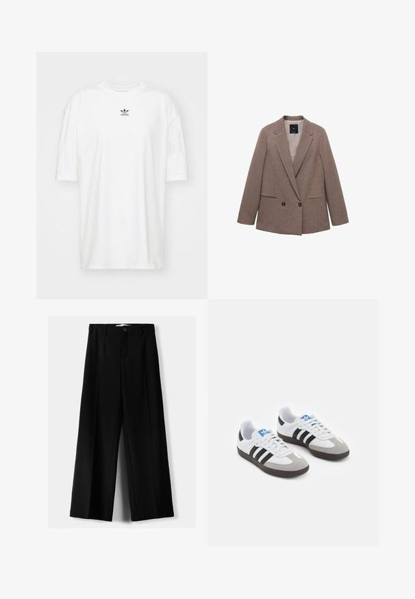 Hnědý kostkovaný blazer s dvouřadým zapínáním, špičatými klopami, dvěma bočními kapsami a hladkým vnitřním podšívkou.; adidas Originals TEE - Jednoduché tričko - cloud white; Černé široké kalhoty z lehkého materiálu s předním zapínáním na knoflík a hladkým předním dílem, s pečlivě přišitými lemy.; Sportovní boty s bílým koženým svrškem, šedou semišovou špičkou a třemi černými pruhy. Obsahují modré logo na jazyku a texturovanou gumovou podrážku.