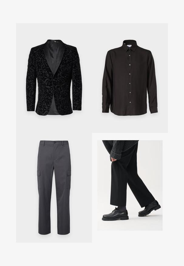 Selected Homme SLHSLIM EDDIE SHAWL - Jakkesæt blazere - black; Sort langærmet skjorte lavet af glat stof, med knaplukning foran, spidse krave og afrundet kant med kontrasterende knapper.; Kulfyldte cargo bukser lavet af glat stof, med lige ben design, to sidelommer og knaplukning i taljen.; Sorte lædersko med rund tå, snørebåndsdesign og tyk, tekstureret sål. Båret sammen med skræddersyede sorte bukser og en ribbet sweater.