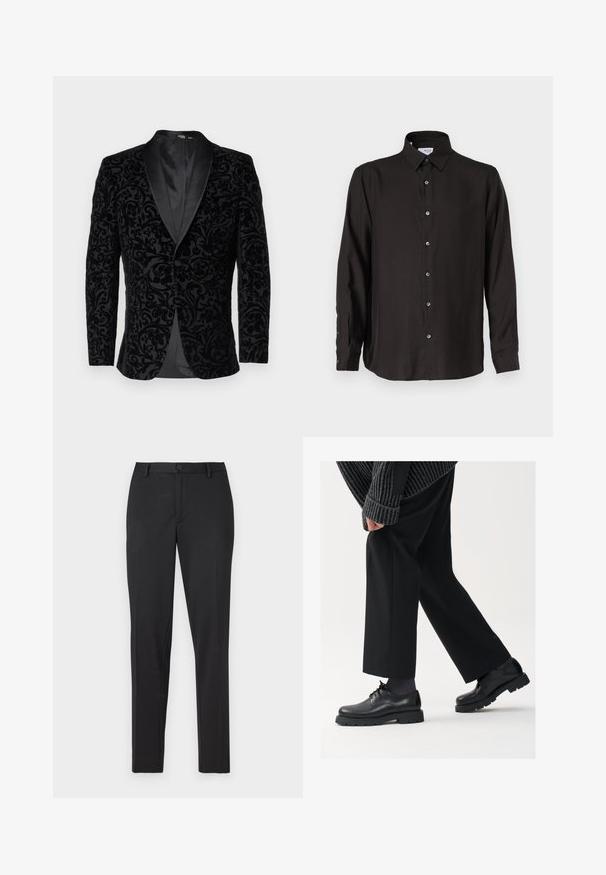 Selected Homme SLHSLIM EDDIE SHAWL - Puvuntakki - black; Mustat pitkät hihattomat paita, joka on valmistettu sileästä kankaasta. Paidassa on napitettava etuosa, kärjellinen kaulus ja pyöristetty helma, jossa on kontrastiväriset napit.; Musta muotoiltu housut, joissa on sileä kangas, suora lahje, yksinkertainen nappikiinnitys ja huomaamattomat taskut.; Mustat nahkakengät, joissa on pyöreä kärki, nauhakiinnitys ja paksu, teksturoitu pohja. Yhdistetty räätälöityjen mustien housujen ja ribbivillapuseron kanssa.