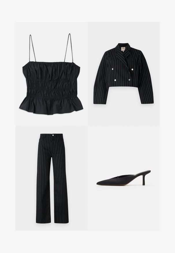 Cropped double-breasted jacket made of black fabric with vertical blue stripes, featuring silver buttons and a notched collar.; Black crop top featuring elastic ruching throughout, thin adjustable straps, and a ruffled hemline; made from a smooth textile.; Black wide-leg trousers with vertical blue pinstripes, featuring a classic five-pocket design and a front button closure.; Black pointed-toe mule with a sleek design, made of smooth fabric, featuring a slender heel and open back for easy wear.