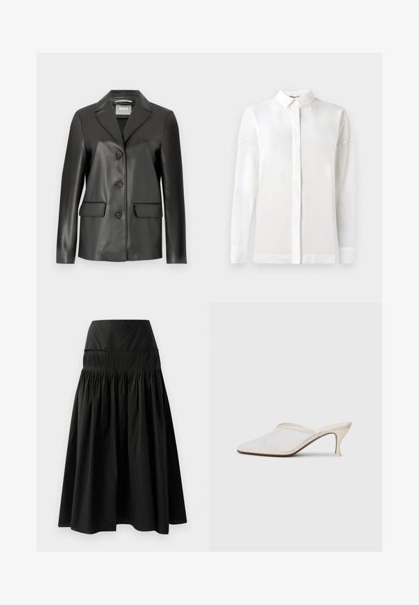 Black faux leather blazer with a notched lapel, four button front, and two front pockets. Smooth texture and tailored shape.; White long-sleeve shirt with a buttoned collar, smooth texture, straight cut, and hidden placket. Soft, lightweight fabric with no patterns.; Black knee-length skirt made of smooth fabric, featuring a fitted waistband and gathered design for fullness.; White mesh pointed-toe mule with a slim mid-height heel and slip-on design against a plain background.