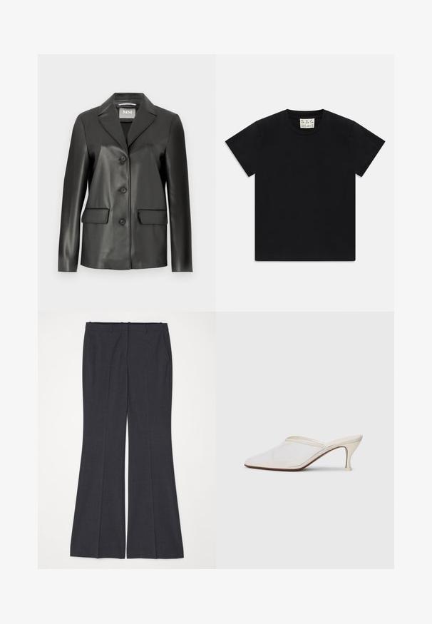 Blazer negru din piele ecologică, cu rever înclinat, patru butoane pe față și două buzunare frontale. Textură netedă și croială ajustată.; Tricou negru cu mânecă scurtă și guler rotund, având un etichetă albă în interiorul gulerului, inscripționată cu "D.R.C. EST. 2002" pe un fundal alb.; Pantaloni flared gri închis, confecționați dintr-un material texturat, cu buzunare frontale, față plată și bucle pentru curea la talie. Fără închideri vizibile.; Mule alb cu plasă, cu vârf ascuțit, toc subțire de înălțime medie și design slip-on, pe un fundal simplu.