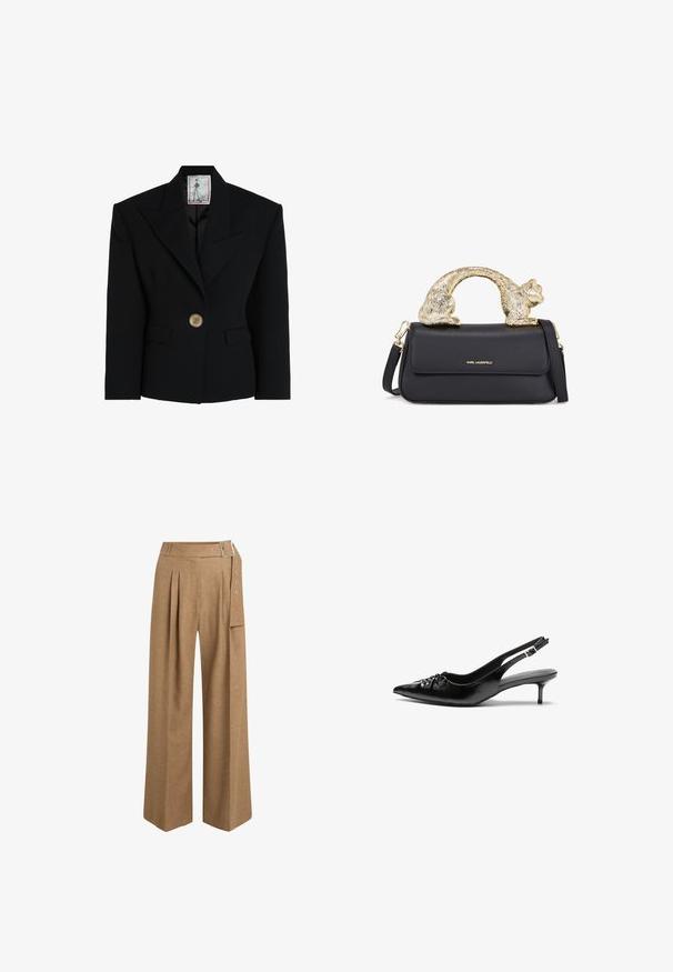 Black blazer made of structured fabric, featuring a sharp notched collar, single button closure with gold accent, and two front pockets.; White long-sleeve button-up shirt in a smooth cotton blend. Features a classic collar, front button closure, and rounded cuffs.; Brown, wide-leg trousers made of textured fabric. Features a pleated front, belt loops, and a side pocket with silver hardware accents.; Black leather slingback heels with a pointed toe, small kitten heel, and a decorative knot detail on the front. Smooth texture throughout.; Black leather handbag with a gold cat-shaped handle, featuring a front flap, adjustable strap, and logo detail on the lower front.