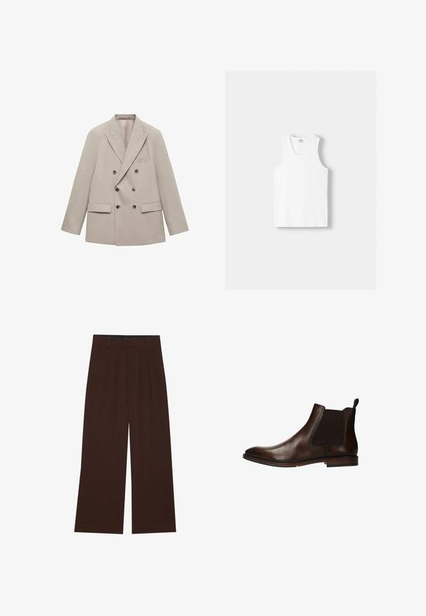 Blazer beige croisé en tissu lisse, avec des revers à cran, deux poches avant et six boutons foncés.; Débardeur en coton blanc avec un col rond, de larges bretelles et un ourlet droit, présentant une texture lisse et sans motifs visibles.; Pantalons amples marron avec des plis. Fabriqués en tissu lisse, avec une taille cintrée et des poches latérales. Ourlet plat en bas.; Botte Chelsea en cuir marron avec panneaux élastiques sur les côtés, un bout rond et un petit talon empilé. Dispose d'une languette pour un enfilage facile.