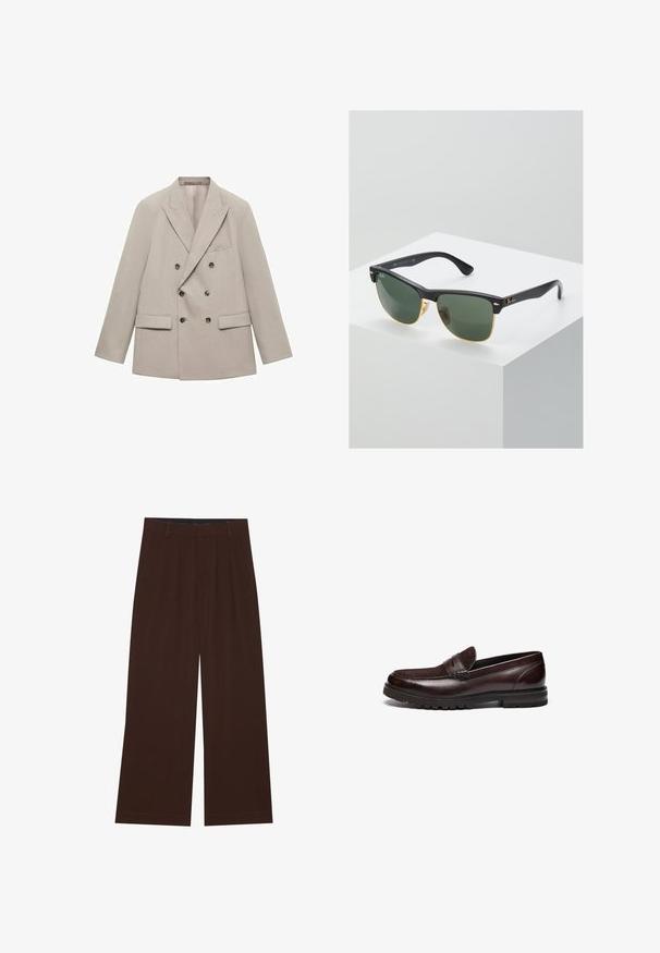 Béžový dvojřadý blazer vyrobený z hladké tkaniny, s klopovými límci, dvěma předními kapsami a šesti tmavými knoflíky.; Bílý bavlněný top na ramínka s kulatým výstřihem, širokými ramínky a rovním lemem, s hladkou texturou a bez viditelných vzorů.; Hnědé kalhoty s širokým střihem a skladbami. Vyrobeny z hladké tkaniny, s upraveným pasem a postranními kapsami. Rovný lem na spodní straně.; Hnědé kožené mokasíny se semišovým akcentem, kulatou špičkou a strukturovanou gumovou podrážkou. Obsahují prošívané detaily a mírný podpatek.; Sluneční brýle Ray-Ban se zelenými skly, černými plastovými rámy a zlatými akcenty na okrajích. Čtvercový tvar s matným povrchem.