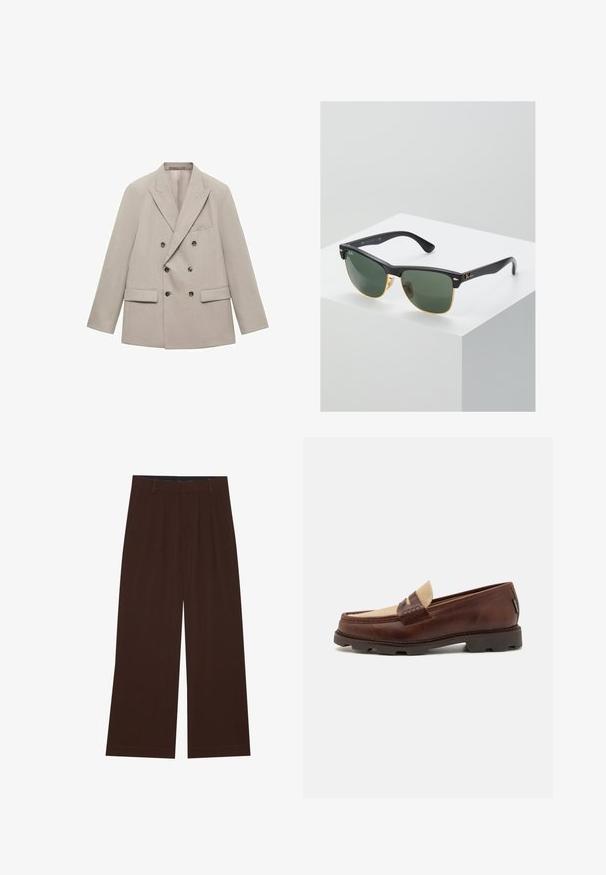 Dubbelknäppt beige kavaj i slät tyg, med utskurna slag, två framfickor och sex mörka knappar.; Vit bomullstopp med rund halsringning, breda axelremmar och rak nederkant, med en slät textur och utan synliga mönster.; Bruna vida byxor med veck. Tillverkade av ett mjukt tyg, med skräddarsydd midja och sidofickor. Slät fåll längst ner.; Bruna läderloafers med en taupe canvasdetalj, sydda detaljer och en texturerad gummisula som är utformad för komfort och hållbarhet.; Ray-Ban-solglasögon med gröna linser, svarta plastbågar och gyllene detaljer vid kanterna. Fyrkantig form med en matt yta.