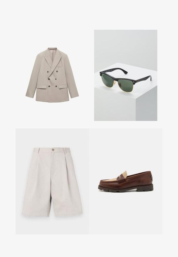 Beige Doppelreiher-Blazer aus glattem Stoff, mit eingeklappten Revers, zwei vorderen Taschen und sechs dunklen Knöpfen.; Weißes Baumwoll-Trägershirt mit Rundhalsausschnitt, breiten Trägern und geradem Saum, das eine glatte Textur aufweist und keine sichtbaren Muster hat.; Hellgraue Leinen-Shorts mit weit geschnittenem Design, ausgestattet mit einem Knopfverschluss vorne und dezenten Falten für zusätzliche Textur.; Braune Lederloafer mit einem taupefarbenen Canvas-Akzent, genähten Details und einer strukturierten Gummisohle, die für Komfort und Langlebigkeit ausgelegt ist.; Ray-Ban Sonnenbrillen mit grünen Gläsern, schwarzen Kunststoffrahmen und goldenen Akzenten an den Rändern. Quadratische Form mit matter Oberfläche.