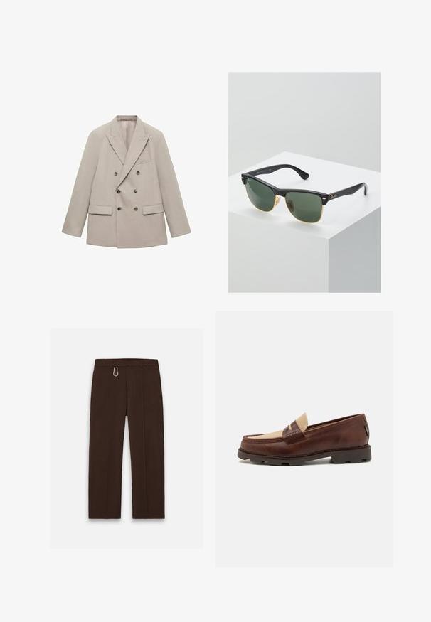 Béžový dvojradový blejzer vyrobený z hladkej tkaniny, s výstrihom s klopami, dvoma prednými vreckami a šiestimi tmavými gombíkmi.; Biely bavlnený tielko s okrúhlym výstrihom, širokými ramennými popruhmi a rovnom spodným lemom, ktoré má hladkú textúru a žiadne viditeľné vzory.; Hnedé, široké nohavice vyrobené z hladkej tkaniny s zipsovým zapínaním a karabínkou ako výrazným akcentom, s dvoma bočnými vreckami.; Hnedé kožené loafers so taupe plátnovým akcentom, prešívaním a textúrovanou gumovou podrážkou navrhnutou pre pohodlie a trvácnosť.; Slnečné okuliare Ray-Ban so zelenými sklami, čiernymi plastovými rámami a zlatými akcentami na okrajoch. Štvorcový tvar s matným povrchom.