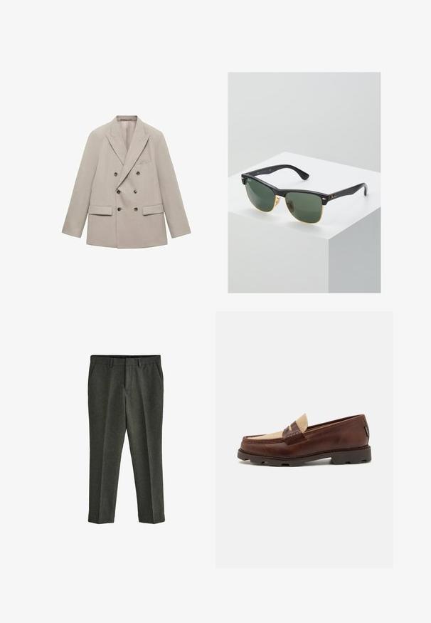Dubbelzijdige beige blazer van gladde stof, met notch-kraag, twee voorzakken en zes donkere knopen.; Witte katoenen tanktop met een ronde halslijn, brede schouderbanden en een rechte zoom, met een gladde textuur en zonder zichtbare patronen.; Next REGULAR FIT DONEGAL - Chino - green; Bruine leren instappers met een taupe canvasaccent, gestikte details en een gestructureerde rubberen zool die is ontworpen voor comfort en duurzaamheid.; Ray-Ban zonnebrillen met groene lenzen, zwarte plastic monturen en gouden accenten aan de randen. Vierkante vorm met een matte afwerking.