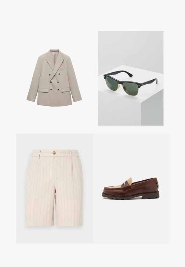 Blazer beige croisé en tissu lisse, avec des revers à cran, deux poches avant et six boutons foncés.; Débardeur en coton blanc avec un col rond, de larges bretelles et un ourlet droit, présentant une texture lisse et sans motifs visibles.; Shorts beiges en tissu léger, présentant un motif à rayures, une fermeture à bouton sur le devant et des poches latérales.; Mocassins en cuir marron avec une touche en toile taupe, détails cousus et semelle en caoutchouc texturé, conçue pour le confort et la durabilité.; Lunettes de soleil Ray-Ban avec des verres verts, monture en plastique noir et accents dorés sur les bords. Forme carrée avec une finition mate.
