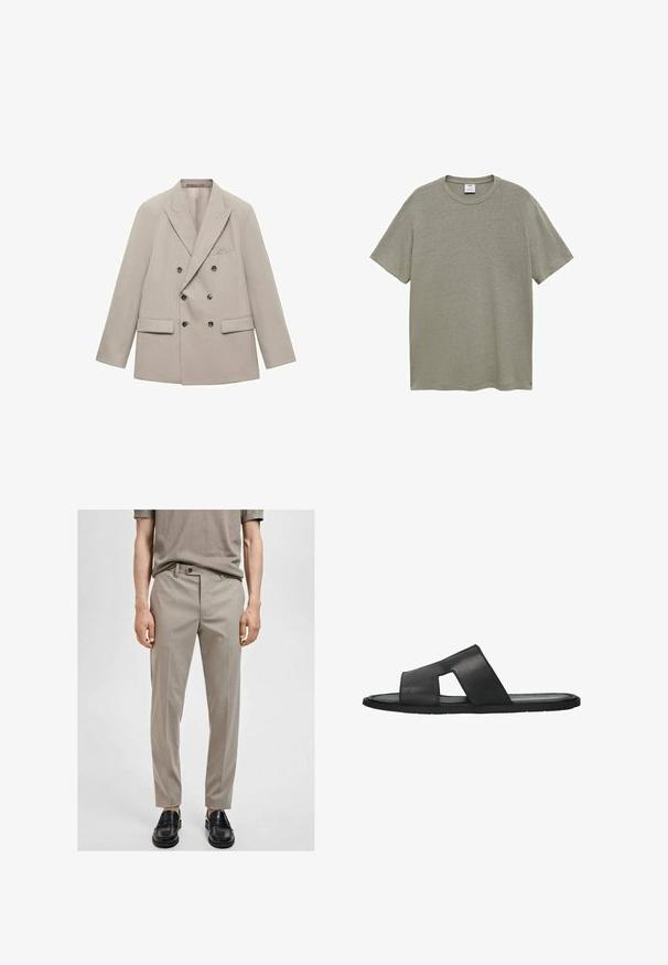Beige Doppelreiher-Blazer aus glattem Stoff, mit eingeklappten Revers, zwei vorderen Taschen und sechs dunklen Knöpfen.; Einfache kurzärmelige T-Shirt in hellem Olivgrün, aus weichem Stoff, mit Rundhalsausschnitt und entspanntem Schnitt. Keine Muster oder Grafiken.; Beige maßgeschneiderte Hose aus glattem Stoff, im Slim-Fit und mit Bügelfalte. Kombiniert mit schwarzen Slippern, die ein einfaches, modernes Design zeigen.; Schwarze Leder-Sandale mit offenem Zehenbereich und zwei Kreuzriemen, mit einem Ausschnitt-Design. Flexible Gummisohle. Glatte Textur.