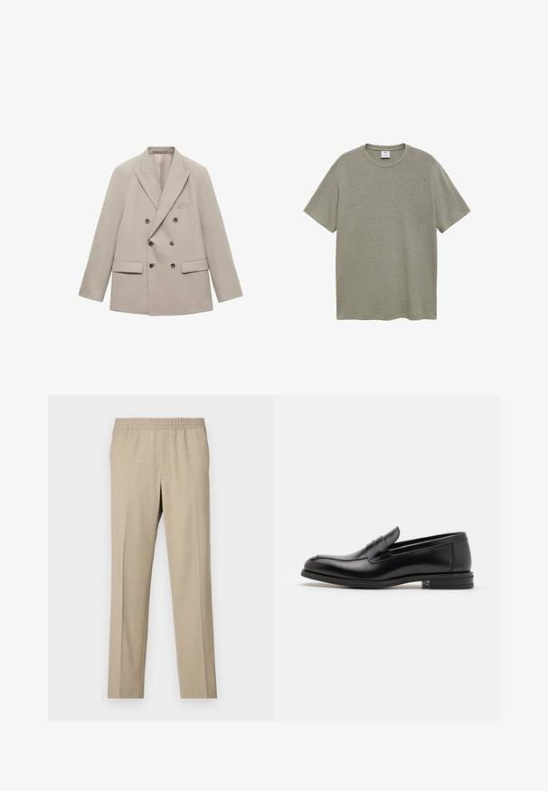 Double-breasted beige blazer made of smooth fabric, featuring notched lapels, two front pockets, and six dark buttons.; Plain short-sleeve t-shirt in light olive green, made of soft fabric, featuring a crew neck and a relaxed fit. No patterns or graphics.; Filippa K THEO TROUSERS - Trousers - sage melange; Black leather loafers with a smooth texture, rounded toe, and a decorative strap across the vamp. Low stacked heel, minimalist design.