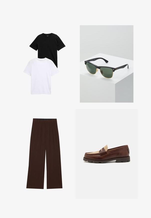 Blazer beige doppiopetto realizzato in tessuto morbido, con rever a scollo, due tasche frontali e sei bottoni scuri.; T-shirt a maniche corte in cotone nero e bianco, con design a girocollo e texture liscia. Entrate le magliette sono esposte sovrapposte.; Pantaloni larghi marroni con pieghe. Realizzati in un tessuto liscio, presentano una vita sagomata e tasche laterali. Orlo piatto in fondo.; Mocassini in pelle marrone con accentuazione in tela taupe, dettaglio cucito e suola in gomma testurizzata progettata per comfort e durata.; Occhiali da sole Ray-Ban con lenti verdi, montatura in plastica nera e dettagli dorati ai bordi. Forma quadrata con finitura opaca.