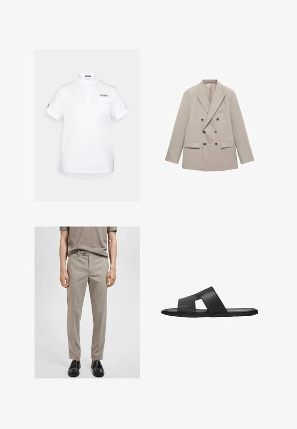 Dubbelzijdige beige blazer van gladde stof, met notch-kraag, twee voorzakken en zes donkere knopen.; Witte polo shirt gemaakt van katoen met korte mouwen, een puntige kraag, een drieknoopsluiting en een borstzak. Bevat een geborduurd logo.; Beige op maat gemaakte broek van een gladde stof, slim fit en met een voorplooi. In combinatie met zwarte instappers, die een eenvoudig, modern ontwerp tonen.; Zwarte leren slide sandaal met een open teen en twee kruisspanden, met een uitgesneden ontwerp. Flexibele rubberen zool. Gladde textuur.