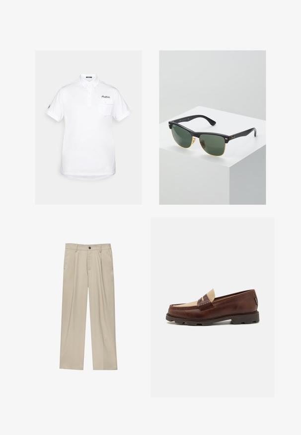 Dubbelknäppt beige kavaj i slät tyg, med utskurna slag, två framfickor och sex mörka knappar.; Vit pikétröja i bomull med korta ärmar, vass krage, treknappslåda och bröstficka. Utrustad med broderad logotyp.; Beiga byxor med rak passform, utrustade med en enda svart knapp, bältesöglor och sidofickor. Slät tygkänsla och minimalistisk design.; Bruna läderloafers med en taupe canvasdetalj, sydda detaljer och en texturerad gummisula som är utformad för komfort och hållbarhet.; Ray-Ban-solglasögon med gröna linser, svarta plastbågar och gyllene detaljer vid kanterna. Fyrkantig form med en matt yta.
