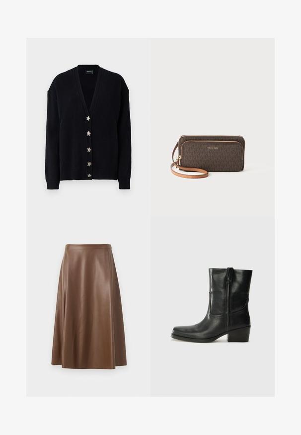 Dobbeltknappet blazer i lysegrå med tekstureret stof, vendte revers, to frontlommer og sorte knapper. Indersiden foret i beige.; Sort cardigan med en dyb V-udskæring, lange ærmer og seks sølvfarvede stjernebukser foran. Fremstillet af blødt tekstureret strikmateriale.; Sort tanktop med tynde spaghetti-stropper, lavet af et ribbet stof, med en lige skæring og et mærke ved halsudskæringen, der står "IVY OAK."; Brun læder A-line nederdel med en glat tekstur og en mellemlang kant. Har en tætsiddende talje og en let flair fra hoften.; Sort læder ankelstøvle med rundt tå, blokhæl, lynlås i siden og stikninger på vampsiden. Glat tekstur, klassisk design.; Brun mønstret pung med lynlåslukning, gyldent hardware og en aftagelig beige rem. Har "MICHAEL KORS" logoen på fronten.