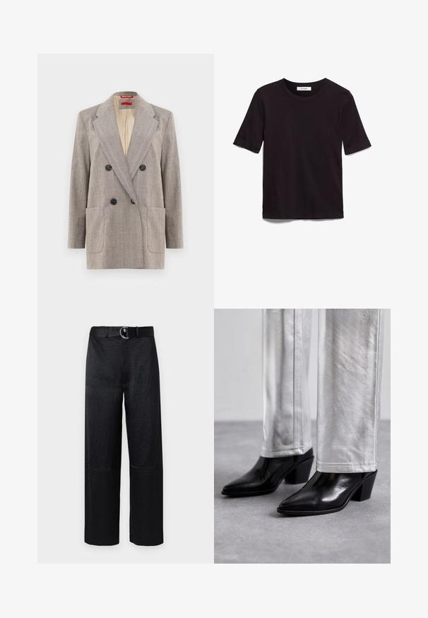 Divkāršu blazeri gaiši pelēkā krāsā ar teksturētu audumu, ar grieztiem apkaklēm, divām priekšējām kabatām un melniem pogām. Iekšpuse izklāta ar bežā krāsā.; Melnas īsām piedurknēm T-krekls no mīkstas kokvilnas, ar apaļu izgriezumu un gludu, vienmērīgu tekstūru ar minimālu dizainu.; Melnas platās bikses ar tekstūru, kas aprīkotas ar jostu ar apaļu sudraba sprādzi un minimāliem šuvēm.; Melni ādas potīšu zābaki ar norādītu pirkstu un kvadrātveida papēdi, apvienoti ar spīdīgām sudraba biksēm, izceļot elegantas faktūras un kontrastējošas krāsas.