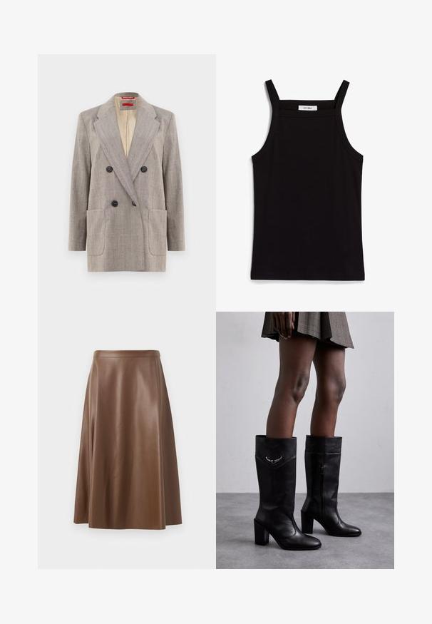 Dubbelzijdige blazer in lichtgrijs met een textuurstof, met afgeronde revers, twee voorkruiszakken en zwarte knopen. Binnenkant gevoerd met beige.; Zwarte tanktop met dunne spaghettibandjes, gemaakt van ribstof, met een rechte snit en een label op de hals dat "IVY OAK" zegt.; Bruine leren A-lijn rok met een gladde textuur en een middellange zoom. Beschikt over een aansluitende tailleband en een lichte uitlopende vorm vanaf de heupen.; Zadig & Voltaire PREISER TUBE - Laarzen - noir