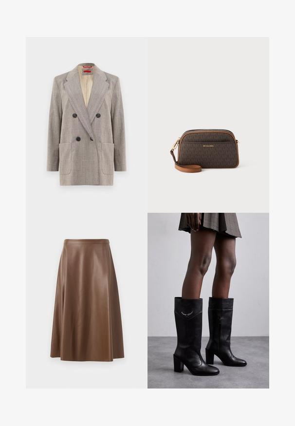 Double-breasted blazer in light gray with textured fabric, notched lapels, two front pockets, and black buttons. Interior lined in beige.; Black tank top with thin spaghetti straps, made of a ribbed fabric, featuring a straight cut and a label at the neckline reading "IVY OAK."; Brown leather A-line skirt with a smooth texture and a mid-length hem. Features a fitted waistband and a slight flare from the hips.; Zadig & Voltaire PREISER TUBE - Boots - noir; Brown crossbody bag with a monogram pattern, tan accents, gold hardware, a zip closure, and an adjustable leather strap.