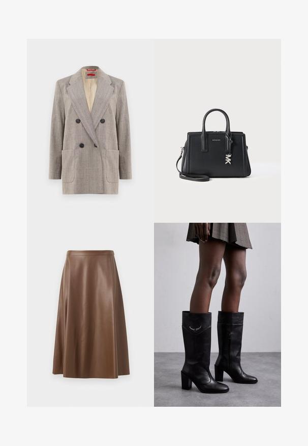 Blazer de doble botonadura en gris claro con tejido texturizado, solapas en pico, dos bolsillos frontales y botones negros. Interior forrado en beige.; Top negro sin mangas con tirantes finos, hecho de una tela acanalada, que presenta un corte recto y una etiqueta en el cuello que dice "IVY OAK".; Falda de cuero marrón en corte A con una textura suave y un dobladillo de longitud media. Presenta una cintura ajustada y un ligero vuelo desde las caderas.; Zadig & Voltaire PREISER TUBE - Botas - noir; Bolso de cuero negro con diseño estructurado, asas dobles, correa de hombro desmontable y detalle en plata con el colgante MK. Acabado texturizado.