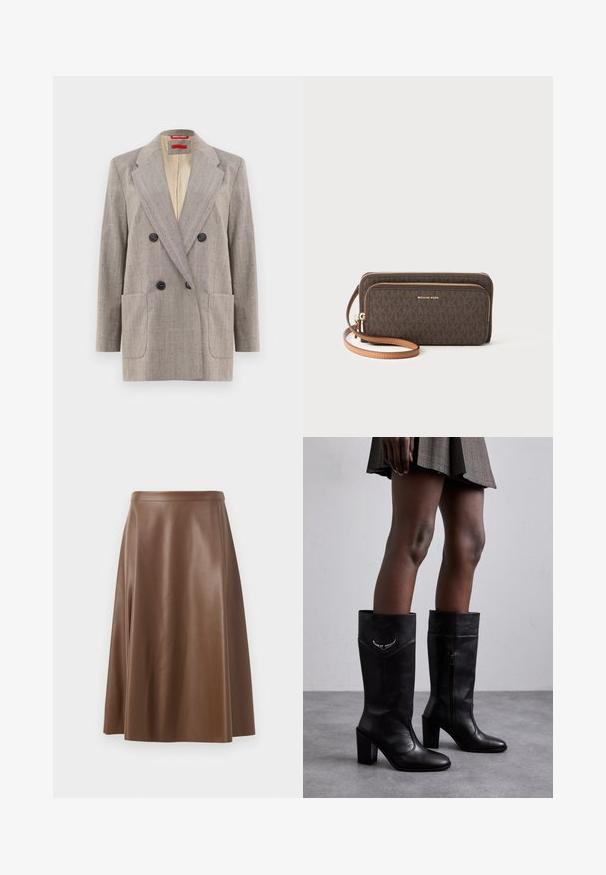Dubbelzijdige blazer in lichtgrijs met een textuurstof, met afgeronde revers, twee voorkruiszakken en zwarte knopen. Binnenkant gevoerd met beige.; Zwarte tanktop met dunne spaghettibandjes, gemaakt van ribstof, met een rechte snit en een label op de hals dat "IVY OAK" zegt.; Bruine leren A-lijn rok met een gladde textuur en een middellange zoom. Beschikt over een aansluitende tailleband en een lichte uitlopende vorm vanaf de heupen.; Zadig & Voltaire PREISER TUBE - Laarzen - noir; Bruine portemonnee met een patroon, met een ritssluiting, gouden hardware en een afneembare tan schouderband. Bevat het "MICHAEL KORS" logo aan de voorkant.