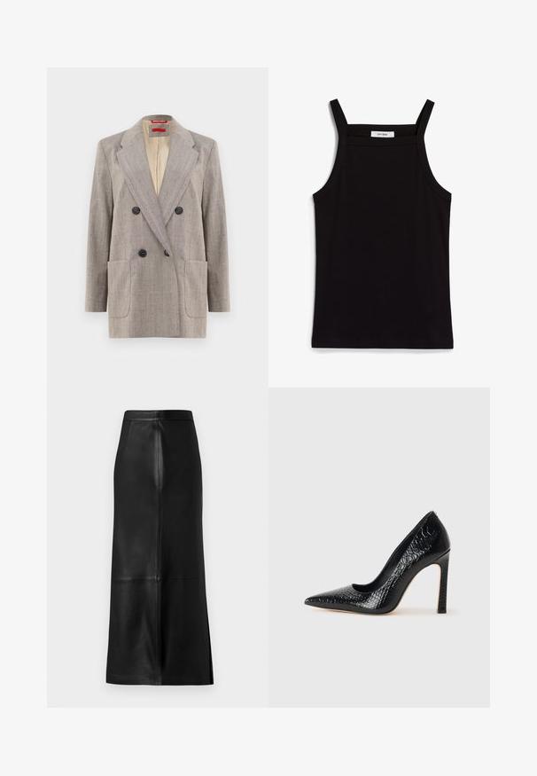 Dubbelzijdige blazer in lichtgrijs met een textuurstof, met afgeronde revers, twee voorkruiszakken en zwarte knopen. Binnenkant gevoerd met beige.; Zwarte tanktop met dunne spaghettibandjes, gemaakt van ribstof, met een rechte snit en een label op de hals dat "IVY OAK" zegt.; Zwarte leren rok met een rechte silhouet, voorzien van een split aan de achterkant, een gladde textuur en zichtbare naden.; Zwarte puntige hoge hak schoen met een krokodillenleren textuur, met een slank ontwerp, hoge stiletto-hak, en een gladde zwarte binnenkant.