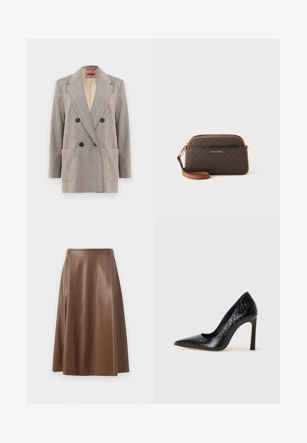Dwurzędowa marynarka w jasnoszarym kolorze z teksturowanej tkaniny, z klapami typu notch, dwoma przednimi kieszeniami i czarnymi guzikami. Wnętrze podszyte beżem.; Czarny top na ramiączkach z cienkimi spaghetti, wykonany z żebrowanej tkaniny, z prostym krojem i metką przy wycięciu na szyję z napisem "IVY OAK."; Brązowa skórzana spódnica w kształcie litery A o gładkiej fakturze i długości midi. Posiada dopasowany pas w talii i lekko rozszerza się od bioder.; Czarne szpilki z ostrym noskiem, pokryte teksturą skóry krokodyla, charakteryzujące się eleganckim wzornictwem, wysokim obcasem w stylu stiletto oraz gładkim czarnym wnętrzem.; Brązowa torba crossbody z monogramem, beżowymi akcentami, złotymi elementami, zamkiem błyskawicznym i regulowanym skórzanym paskiem.