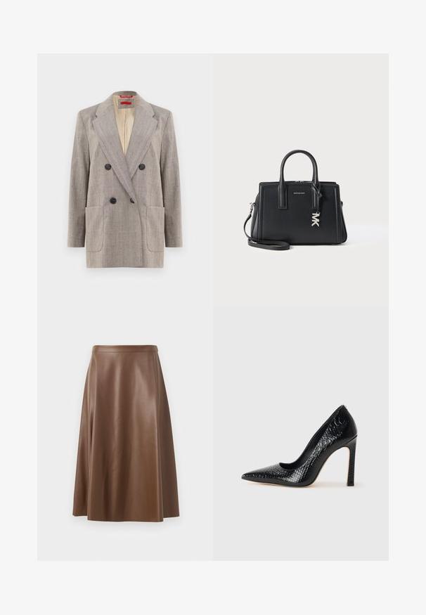 Blazer croisé en gris clair avec un tissu texturé, revers crantés, deux poches avant et boutons noirs. Doublure intérieure en beige.; Débardeur noir à fines bretelles, en tissu côtelé, avec une coupe droite et une étiquette au niveau du col indiquant "IVY OAK."; Jupe A-line en cuir marron avec une texture lisse et un ourlet mi-long. Présente une taille ajustée et une légère évasement depuis les hanches.; Escarpin noir à bout pointu avec texture en cuir de crocodile, présentant un design élégant, un haut talon aiguille et un intérieur noir lisse.; Sac à main en cuir noir à la conception structurée, avec deux poignées, une bandoulière amovible et un détail en pendentif MK argenté. Fini texturé.