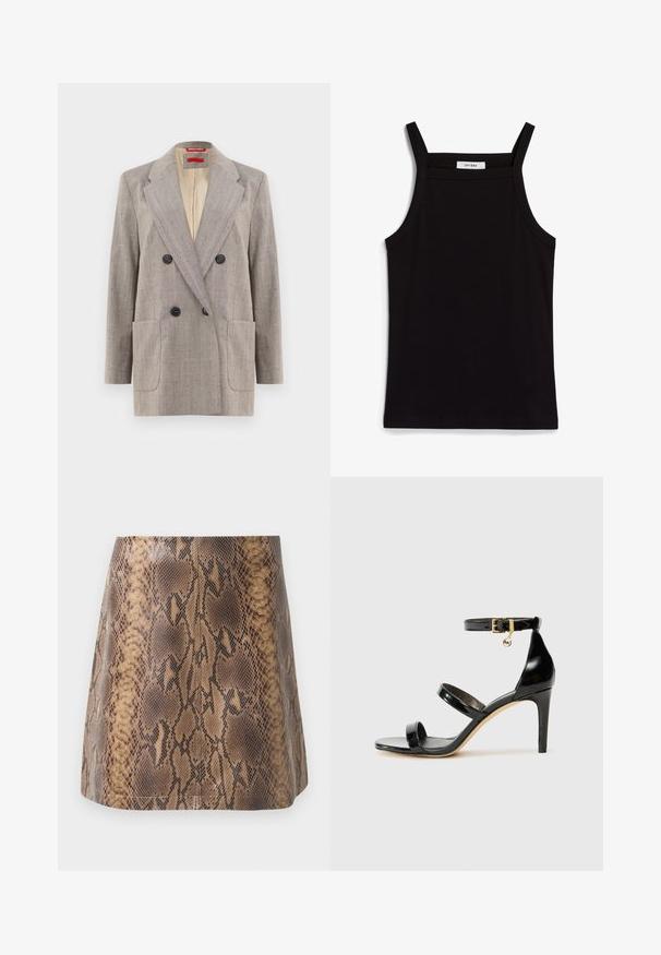 Švarkas su dvigubu užsegimu šviesiai pilkos spalvos su tekstūruotu audiniu, su įplore lapais, dviem priekinėm kišenėm ir juodais mygtukais. Vidus išklotas smėlio spalvos.; Juodas topas su plonais spaghetti petnešomis, pagamintas iš rausvos medžiagos, turintis tiesų kirpimą ir etiketę prie iškirpės, ant kurios parašyta "IVY OAK."; Ruda gyvatės rašto mini sijonas, pagamintas iš dirbtinės odos, pasižymintis glotnia tekstūra, prigludusia siluetu ir subtiliais siuvimo elementais.; Juodas patentuotas odinis sandalai su trimis diržais, kulkšnies sagtimi ir 4 colių stiletto kulnu. Yra aukso detalės ir logotipo žavesys.