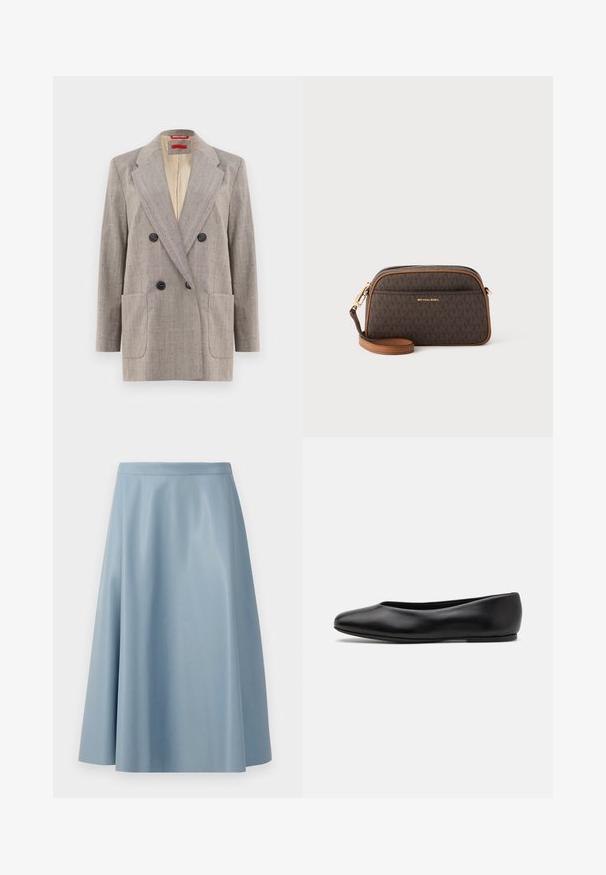 Blazer croisé en gris clair avec un tissu texturé, revers crantés, deux poches avant et boutons noirs. Doublure intérieure en beige.; Débardeur noir à fines bretelles, en tissu côtelé, avec une coupe droite et une étiquette au niveau du col indiquant "IVY OAK."; Une jupe évasée bleu clair en tissu lisse, présentant un design minimaliste avec une taille épurée et sans fermetures visibles.; Paul Smith TOPANGA - Ballerines - black; Sac bandoulière marron avec un motif monogramme, des accents beige, quincaillerie dorée, une fermeture zippée et une sangle en cuir ajustable.