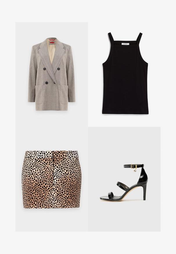 Sacou dublu în gri deschis, cu țesătură texturată, rever înclinat, două buzunare frontale și nasturi negri. Interior căptușit în bej.; Top negru fără mâneci, cu bretele subțiri, fabricat dintr-un material ribat, având o tăietură dreaptă și o etichetă la gât cu textul "IVY OAK."; Fustă cu imprimeu de leopard, cu o formă ajustată, fundal bej și pete negre. Are un brâu plat și detalii subtile de pliuri în spate.; Sandale negre din piele lacuită, cu trei curele, cataramă la glezna și toc stiletto de 10 cm. Prezintă detalii din metal auriu și un charm cu logo.