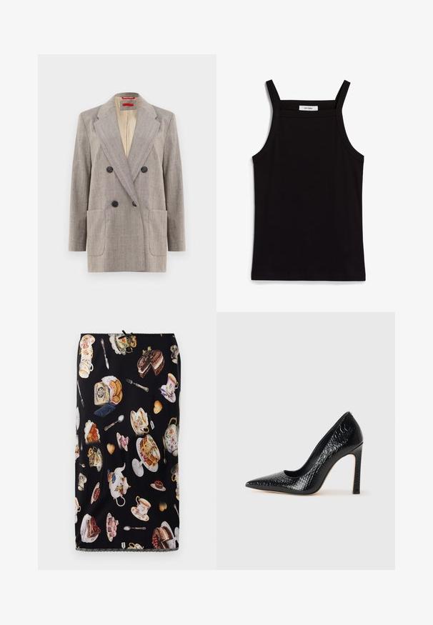 Dvoredna sako jakna u svijetlosivoj boji s teksturiranim materijalom, izrezanim reverima, dva prednja džepa i crnim dugmadi. Unutrašnjost obložena bež bojom.; Crna majica bez rukava s tankim trakama, izrađena od rebraste tkanine, s ravnim krojem i etiketom na izrezu koja glasi "IVY OAK."; Crna suknja s uzorkom šalica čaja, kolača i slastica, s detaljnim ilustracijama i dekorativnom čipkastom rubom.; Crne visoke potpetice s oštrim prstima, od teksture krokodilske kože, elegantnog dizajna, visoke stiletto potpetice i glatkog crnog unutrašnjosti.