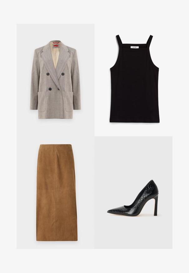 Švarkas su dvigubu užsegimu šviesiai pilkos spalvos su tekstūruotu audiniu, su įplore lapais, dviem priekinėm kišenėm ir juodais mygtukais. Vidus išklotas smėlio spalvos.; Juodas topas su plonais spaghetti petnešomis, pagamintas iš rausvos medžiagos, turintis tiesų kirpimą ir etiketę prie iškirpės, ant kurios parašyta "IVY OAK."; Ruda zomšinė midi sijonas su tiesiu kirpimu, lygia tekstūra ir švariais siūlais. Neturi matomų užtrauktukų ar papildomų akcentų.; Juoda smailiakulnė aukšto kulno bateliai su krokodilo odos tekstūra, pasižymintys elegantišku dizainu, aukštu stiletu kulnu ir lygia juoda vidine dalimi.