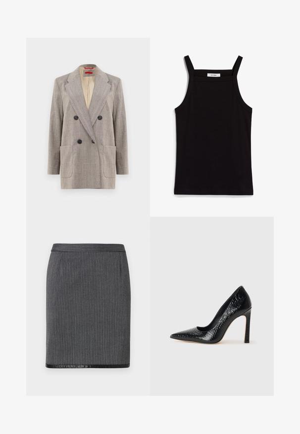 Valkoinen kaksirivinen bleiseri, jossa on vaaleanharmaa väritys, tekstuurinen kangas, lovetut läpät, kaksi etutaskua ja mustat napit. Sisävuori vaaleanbeige.; Mustat hihattomat paidat, joissa on ohut spagettiolkaimet, valmistettu ribbikankaasta. Paidassa on suora leikkaus ja kaula-aukon kohdalla on lappu, jossa lukee "IVY OAK."; Harmaa ribattua kynähametta, jossa on sileä musta helma. Ominaisuuksia ovat istuva muotoilu ja tavallinen vyötärö. Tekstuuri on kudottu ja hienostunut.; Musta kapea nilkkakorkokenkä krokotiilin nahkakuviolla, joka on varustettu tyylikkäällä muotoilulla, korkealla stiletto-korkealla ja sileällä mustalla sisäosalla.