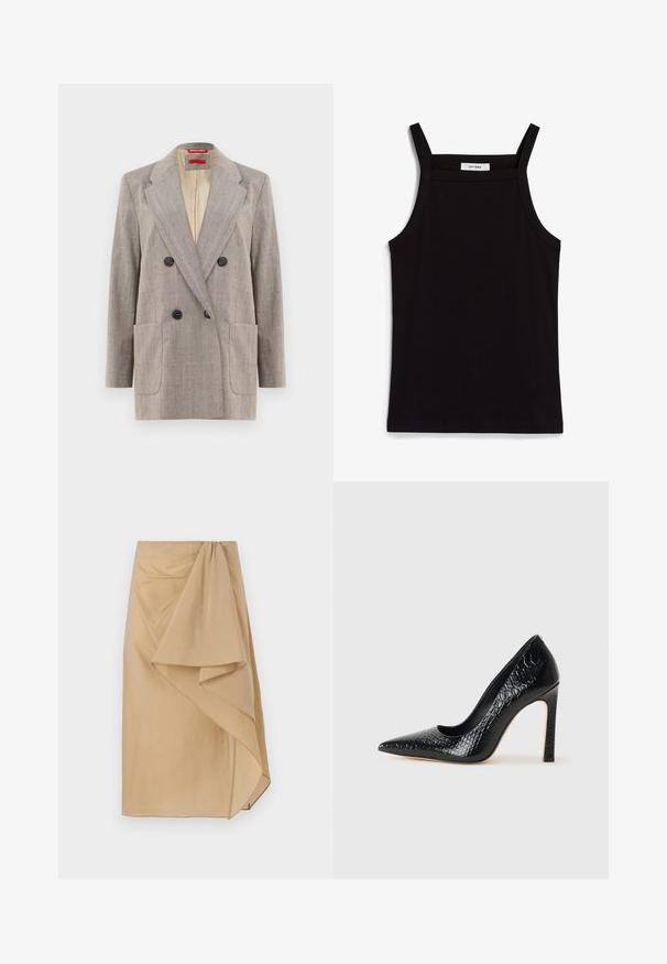 Dvojne zapenjanje blazer v svetlo sivi barvi z teksturirano tkanino, s poševnimi reverji, dvema sprednjima žepoma in črnimi gumbi. Notranjost podložena v bež barvi.; Črna majica brez rokavov z tankimi naramnicami, izdelana iz rebrastega materiala, z ravnim krojem in oznako na ovratniku z napisom "IVY OAK."; Bež krilo z zavitkom iz lahkotnega materiala z asimetričnim drapiranjem, ki ima zbrane pasove in gladko teksturo. Brez vidnih zaponk.; Črne čevlje z visoko peto in konico v obliki puščice, z teksturo krokodilje kože, ki se ponašajo s sleek oblikovanjem, visokim stiletto peto in gladkim črnim notranjostjo.