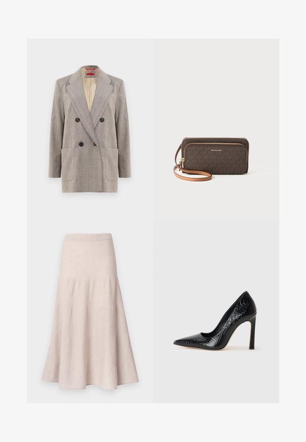Dvojradový blejzer vo svetlo šedej farbe s textúrovanou látkou, s klopami, dvoma prednými vreckami a čiernymi gombíkmi. Interiér podšitý béžovou látkou.; Čierny tielko s tenkými ramienkami, vyrobené z rebrovanej tkaniny, s rovnými okrajmi a označením na výstrihu s nápisom "IVY OAK."; Svetlo béžová rozšírená sukňa z jemnej tkaniny, s vysokým pásom a zdobením v podobe nariasení, vytvárajúca plynulú siluetu.; Čierna lodička s špicatou špičkou a lakovanou textúrou krokodíla, s elegantným dizajnom, vysokým stiletto podpätkom a hladkým čiernym interiérom.; Hnedá peňaženka so vzorom, so zipsom, zlatými kovovými prvkami a odnímateľným svetlohnedým popruhom. Na prednej strane je logo "MICHAEL KORS".