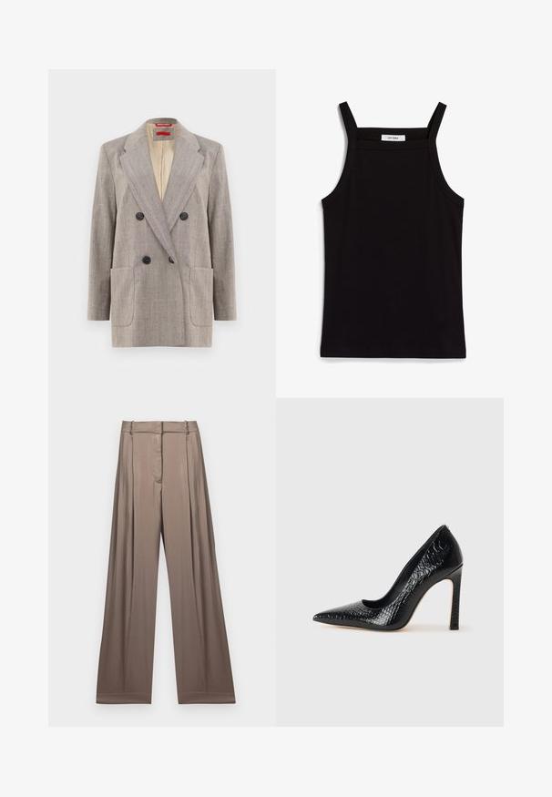 Švarkas su dvigubu užsegimu šviesiai pilkos spalvos su tekstūruotu audiniu, su įplore lapais, dviem priekinėm kišenėm ir juodais mygtukais. Vidus išklotas smėlio spalvos.; Juodas topas su plonais spaghetti petnešomis, pagamintas iš rausvos medžiagos, turintis tiesų kirpimą ir etiketę prie iškirpės, ant kurios parašyta "IVY OAK."; Plati kojinės kelnės iš prislopintos taupe spalvos, pagamintos iš lygaus audinio su satino apdaila. Turi pritaikytą liemenį ir subtilius raukšlėjimus.; Juoda smailiakulnė aukšto kulno bateliai su krokodilo odos tekstūra, pasižymintys elegantišku dizainu, aukštu stiletu kulnu ir lygia juoda vidine dalimi.