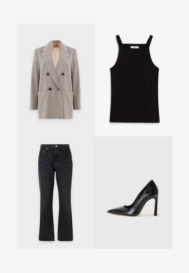 Švarkas su dvigubu užsegimu šviesiai pilkos spalvos su tekstūruotu audiniu, su įplore lapais, dviem priekinėm kišenėm ir juodais mygtukais. Vidus išklotas smėlio spalvos.; Juodas topas su plonais spaghetti petnešomis, pagamintas iš rausvos medžiagos, turintis tiesų kirpimą ir etiketę prie iškirpės, ant kurios parašyta "IVY OAK."; Juodos plačios džinsinės kelnės, pagamintos iš džinsinio audinio, su aukštu liemeniu, priekinėmis kišenėmis ir vario spalvos detalėmis. Lygus paviršius su minimaliais išblukimais.; Juoda smailiakulnė aukšto kulno bateliai su krokodilo odos tekstūra, pasižymintys elegantišku dizainu, aukštu stiletu kulnu ir lygia juoda vidine dalimi.