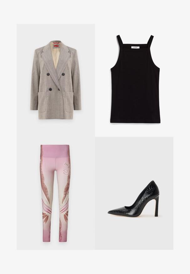 Švarkas su dvigubu užsegimu šviesiai pilkos spalvos su tekstūruotu audiniu, su įplore lapais, dviem priekinėm kišenėm ir juodais mygtukais. Vidus išklotas smėlio spalvos.; Juodas topas su plonais spaghetti petnešomis, pagamintas iš rausvos medžiagos, turintis tiesų kirpimą ir etiketę prie iškirpės, ant kurios parašyta "IVY OAK."; Rožinės leginsai su gradientiniu dizainu nuo šviesios iki tamsios, šoninėse dalyse su gėlių raštais ir dekoratyviniais akcentais. Lygi tekstūra.; Juoda smailiakulnė aukšto kulno bateliai su krokodilo odos tekstūra, pasižymintys elegantišku dizainu, aukštu stiletu kulnu ir lygia juoda vidine dalimi.