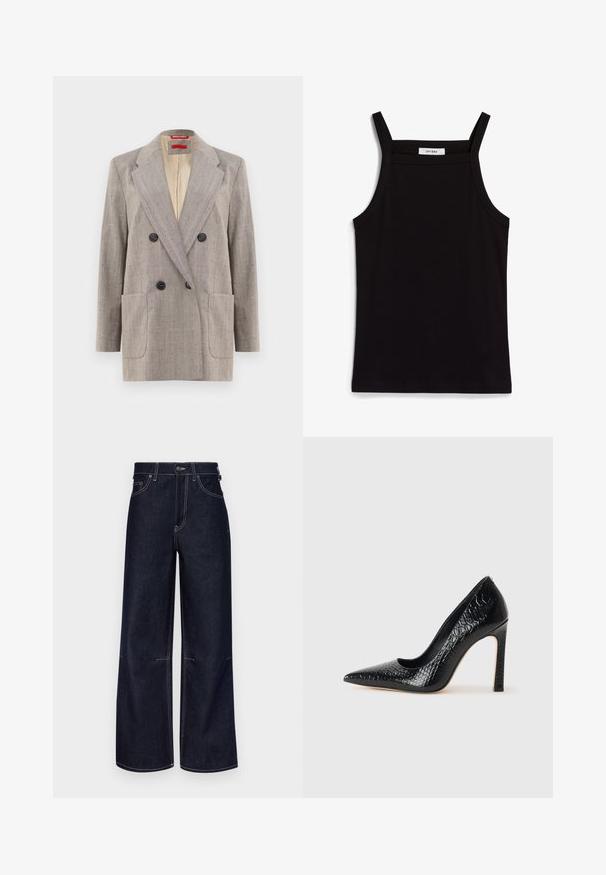 Švarkas su dvigubu užsegimu šviesiai pilkos spalvos su tekstūruotu audiniu, su įplore lapais, dviem priekinėm kišenėm ir juodais mygtukais. Vidus išklotas smėlio spalvos.; Juodas topas su plonais spaghetti petnešomis, pagamintas iš rausvos medžiagos, turintis tiesų kirpimą ir etiketę prie iškirpės, ant kurios parašyta "IVY OAK."; Tamsiai mėlynos džinsinės plačiakulkės kelnės su kontrastingais šviesiais siuvinėjimais, mygtuko ir užtrauktuko uždarymu bei priekinėmis kišenėmis. Švarus dizainas be papuošimų.; Juoda smailiakulnė aukšto kulno bateliai su krokodilo odos tekstūra, pasižymintys elegantišku dizainu, aukštu stiletu kulnu ir lygia juoda vidine dalimi.