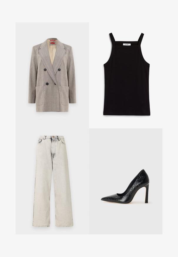 Double-breasted blazer in light gray with textured fabric, notched lapels, two front pockets, and black buttons. Interior lined in beige.; Black tank top with thin spaghetti straps, made of a ribbed fabric, featuring a straight cut and a label at the neckline reading "IVY OAK."; Wide-leg jeans in a light beige color with faded, distressed accents. Features five pockets and a metal button closure at the waist.; Black pointed-toe high heel shoe with a crocodile-skin texture, featuring a sleek design, high stiletto heel, and smooth black interior.